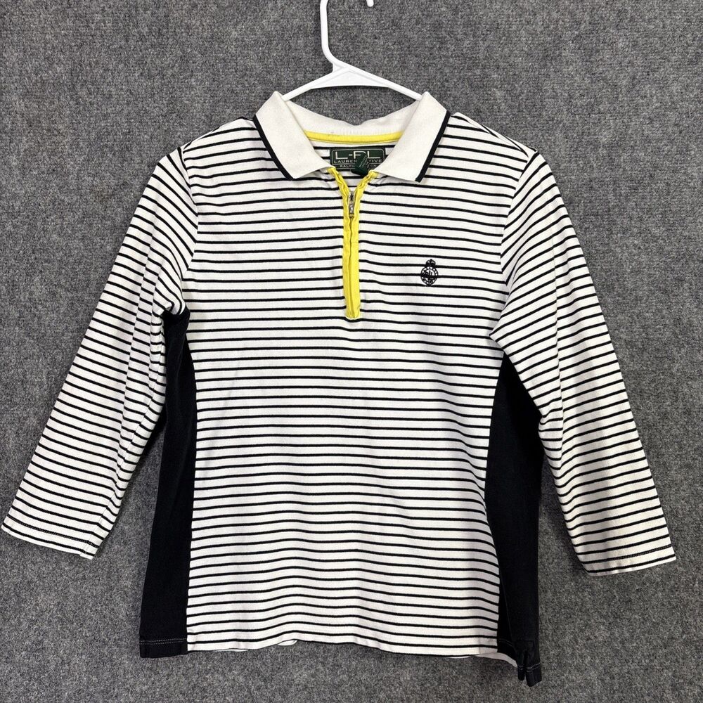 Lauren Active LRL Top Blouse  Womens Size M White Black Striped Polo Preppy